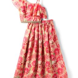 Pine Kids Woven Sleeveless Indo Western Set with Floral Print & Lace Detailing - Pink-image-66