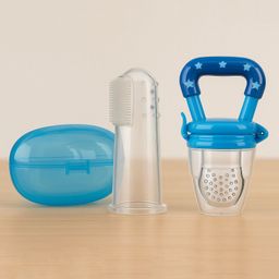 Badal Kidz Fruit Feeder Nibbler With Baby Silicone Finger Brush/Oral Brush/Baby Tounge Cleaner - Blue & Blue (Pack Of 2)-11