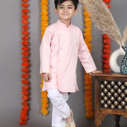 Polka Tots Cotton Woven Full Sleeves Solid Kurta & Pyjama Set - Peach-image-76