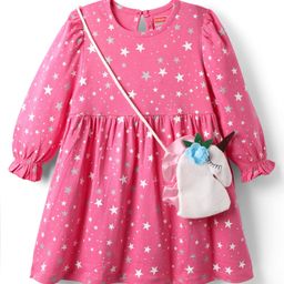 Babyhug Cotton Knit Full Peasant Sleeves Star Printed Frock With Unicorn Shaped Sling Bag - Pink-image-97