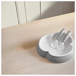 THE LITTLE LOOKERS Baby Bowl Set with Spoon & Fork Non-Slip, BPA Free, Silicone Feeding Set for Toddlers/ Babies - Grey-picture-21