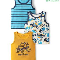 Babyoye 100% Cotton Sleeveless Stripes & Vehicle Printed Vests Pack Of 3 - Multi Colour-image-87