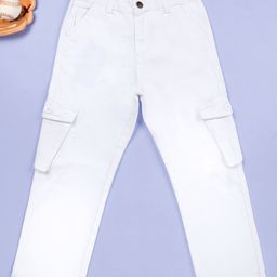 Kiddopanti Denim Woven Solid Cargo Pants - White-image-5