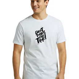PULP Unisex Great Things Take Time Printed White Slim Fit T-shirt-61