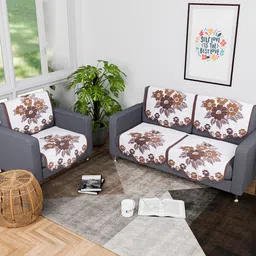 Kuber Industries White & Brown 6 Pieces Floral Printed Cotton 3 Seater Sofa Covers-image-88