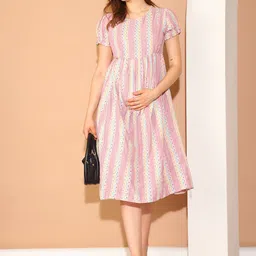 Moms Maternity Ethnic Motifs Print Puff Sleeve Maternity Fit & Flare Midi Dress-picture-22