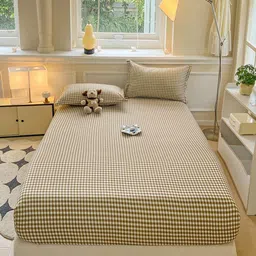 JC HOME Brown & White Checked 140 TC King Bedsheet Set 2.2 m x 2 m-image-8