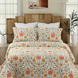 Layers White & Orange Floral 200 TC King Bedsheet with 2 Pillow Covers-image-12