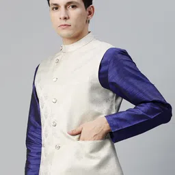 MANQ Men Woven Design Jaquard Silk Nehru Jacket image 5