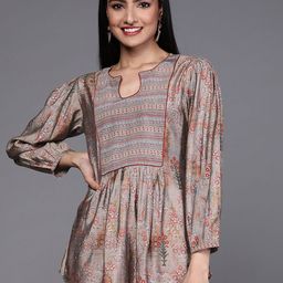 Libas Grey & Red Ethnic Motifs Printed Pleated Kurti-2