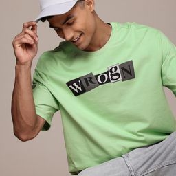 WROGN Brand Logo Printed Drop-Shoulder Sleeves Pure Cotton Oversized T-shirt-image-58