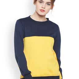 Belle Fille Women Navy Blue & Yellow Colourblocked Sweatshirt-image-86