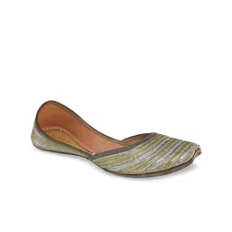 Fulkari Women Green Woven Design Leather Mojaris-image-52