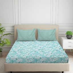 Nivasam Blue & White Floral Printed Cotton 400 TC Fitted King Bedsheet Set 1.98 m x 1.82 m-image-41