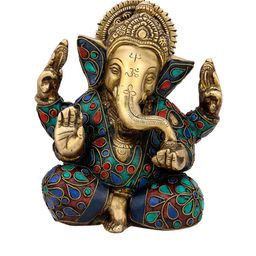CraftVatika Gold-Toned & Turquoise Blue Handcrafted Brass Jolly Ganesha Idol-image-78