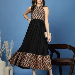 DAEVISH Floral Printed Halter Neck Fit & Flare Midi Dress-image-15