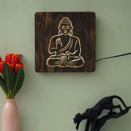 eCraftIndia Brown Wood Blessing Lord Buddha Carved Decorative Wall Lamp-image-8