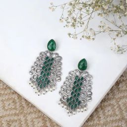 Teejh Ethnic Anvita Green and Silver Oxidized Dangler Earring-image-66