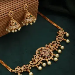 Aatmana Gold-Plated Multi Stone Studded Temple Necklace Set-image-86