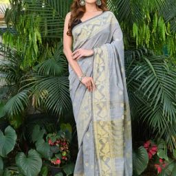 BEATITUDE Grey Cotton Woven Saree With Unstitched Blouse-picture-30