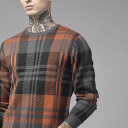 The Roadster Lifestyle Co. Men Grey & Rust Orange Checked Acrylic Pullover-image-39