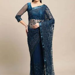 Warthy Ent Blue Embroidered Saree With Unstitched Blouse-image-91