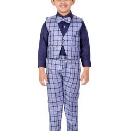 Pro-Ethic Style Developer Kids Dark Blue Checks Full Sleeves Shirt, Waistcoat, Pants with Bow-picture-20