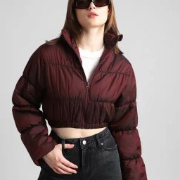 Only Maroon Relaxed Fit Cropped Puffer Jacket-26