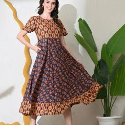 DECKEDUP Blue Cotton Floral Short Sleeves Dress-image-86