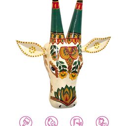 Atrangi Studio Off White & Green Cow Printed Wooden Wall Decor Mask-0