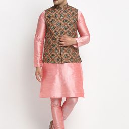 Benstoke Men Pink Solid Kurta with Churidar and Printed Nehru Jacket-17