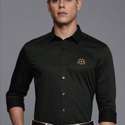 Louis Philippe Gods & Kings Men Black Blue Brand Logo Embroidered Slim Fit Giza Cotton Formal Shirt-image-82
