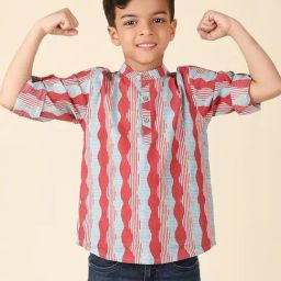 Fabindia Kids Red & Blue Cotton Printed Full Sleeves Kurta-image-36