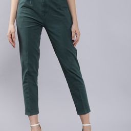 Tokyo Talkies Women Teal Green Regular Fit Solid Cropped Peg Trousers-image-76