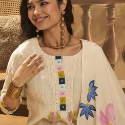 Sangria Floral Embroidered Pure Cotton Straight Kurta With Trousers & Dupatta-image-37