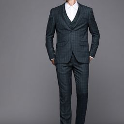 Louis Philippe Men Navy Blue Checked Slim-Fit Single-Breasted Formal Three-Piece Suit-image-99