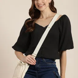 HERE&NOW Puff Sleeves Smocked Peplum Crop Top-picture-32
