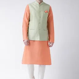 KISAH Men Orange & White Kurta with Churidar & Green Self Design Nehru Jacket-1