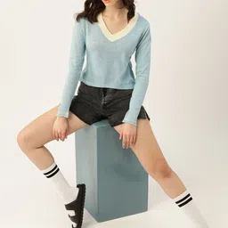 DressBerry Women Blue Melange Knitted Pullover-image-34