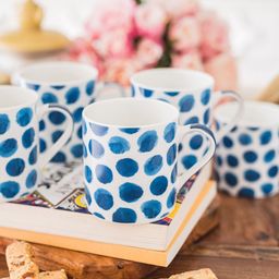 GOODHOMES White & Blue Set of 6 Printed Bone China Cup Set-21