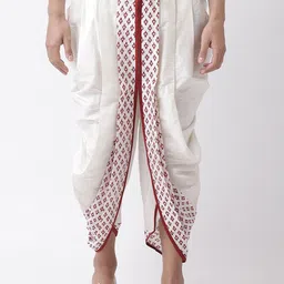 DEYANN Men Off-White & Red Printed Dupion Silk Dhotis-image-81