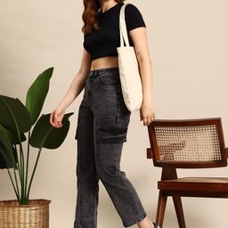 Mast & Harbour Women Straight Fit Cargo-Style Stretchable Jeans-image-80