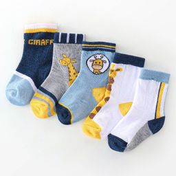 Cutewalk By Babyhug Cotton Anti Bacterial Ankle Length Giraffe Print Socks Pack of 5 - Grey Blue & White-image-7