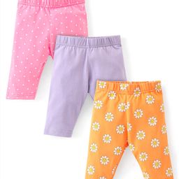 Babyhug Cotton Lycra Three Fourth Length Leggings Solid & Floral Print Pack Of 3 - Pink Orange & Purple-image-20