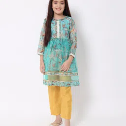 READIPRINT Three Fourth Sleeves Seamless Flowers Printed & Mirror Work Embellished Kurta With Hairline Striped Salwar - Sea Green & Yellow-picture-46
