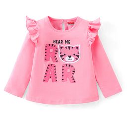 Babyhug 100% Cotton Full Sleeves T-Shirt With Frill & Marrowing Detailing & Tiger Print - Pink-image-36