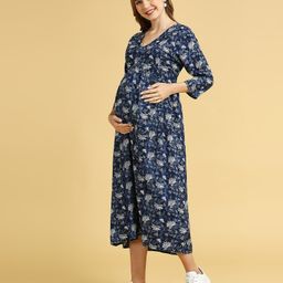 MomToBe Three Fourth Sleeves Floral Printed Maternity Dress With Concealed Zipper Nursing Access - Blue-image-17