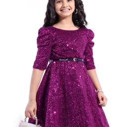 Hola Bonita Three Fourth Sleeves Sequin Party Dress - Fuchsia-image-64