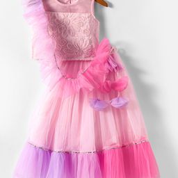 Lil Drama Sleeveless Floral Embroidered Choli With Ghagra & Dupatta Set - Pink-image-99