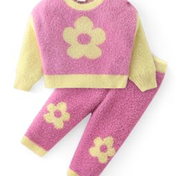 Babyhug Knitted Full Sleeves Winter Wear Suit With Floral Print - Pink-picture-45